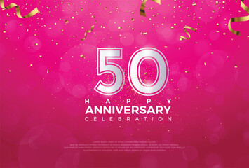 50th Anniversary celebration, 50 Anniversary celebration, Realistic 3d sign, stars, Pink background, festive illustration, Silver number 50 sparkling confetti, 50,51

