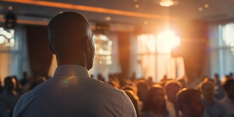 A male figure addresses an audience at a professional gathering, indicative of leadership and public speaking skills