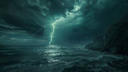 Severe thunderstorm at sea with lightning strikes, rough waves and dark clouds over the rocky coastline.