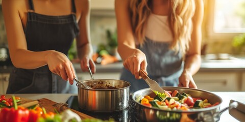 A close-up of two individuals preparing food, focusing on their hands cutting and stirring in a kitchen