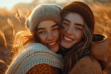 Fototapeta premium Happy lesbian couple in love or friends, girlfriends hugging and smiling in nature. Romantic scene between two loving women, female gay tenderness