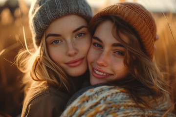 Fototapeta premium Happy lesbian couple in love or friends, girlfriends hugging and smiling in nature. Romantic scene between two loving women, female gay tenderness