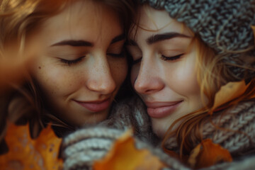 Obraz premium Happy lesbian couple in love or friends, girlfriends hugging and smiling in nature. Romantic scene between two loving women, female gay tenderness