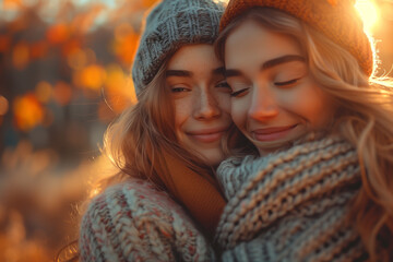 Fototapeta premium Happy lesbian couple in love or friends, girlfriends hugging and smiling in nature. Romantic scene between two loving women, female gay tenderness