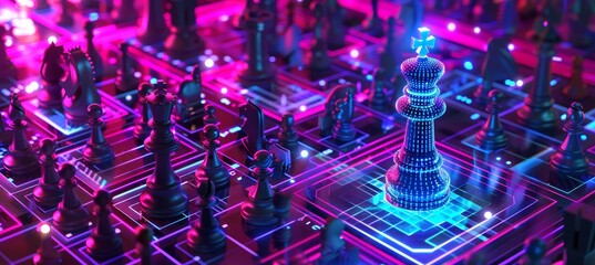 Neon-Lit Binary Code Chess Piece on Circuit Board for Software Development