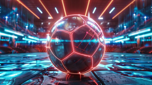 Panoramic 3D Rendering of Futuristic Neon Style Soccer Ball - Powered by Adobe