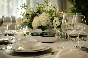 A chic dining table arrangement with a car charger serving as a decorative centerpiece, surrounded by white tableware and fresh flowers, adding a touch of sophistication to the dining experience.