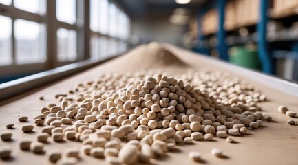 Obraz premium Manufacturing process where a conveyor belt transports biobased pellets