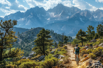 A mountain biker bathed in sunshine skillfully navigating a snaking path against the towering backdrop of the Rocky Mountains