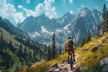 A mountain biker bathed in sunshine skillfully navigating a snaking path against the towering backdrop of the Rocky Mountains