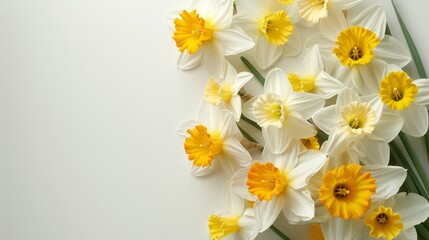 Fototapeta premium Spring composition of flowers daffodil bouquet, top view with space for copy space white background