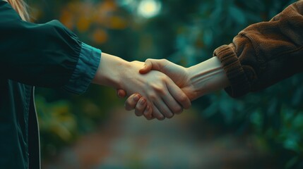 Two people of different skin tones shaking hands with blurred background.