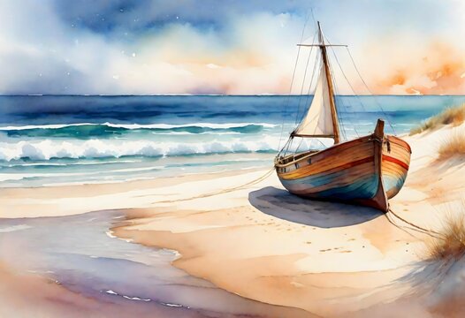 Serene watercolor painting captures a small sailboat anchored on a sandy beach, with calm waves and a cloudy sky creating a peaceful atmosphere, Generative AI.