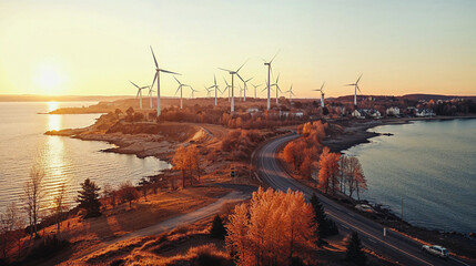 Wind turbines standing in the middle of the peninsula. Autumn scenery.