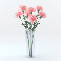 Bunch of pink carnations in a high glass vase on white background, 3D render illustration