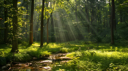 serene forest scene with a small creek running through sun shines through the trees, casting light on the green grass and creating a peaceful atmosphere