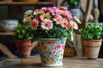 A charming white terracotta pot decorated with hand-painted floral motifs, showcasing a mix of gerbera daisies, snapdragons, and bachelor's buttons for a whimsical and playful touch