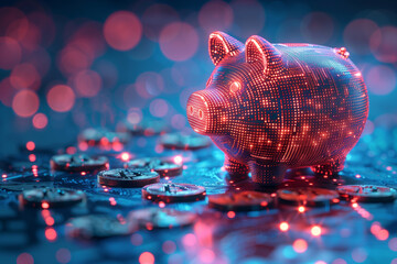An electronic piggy bank with crypto money on blue background, techno currency investment and bitcoin trading, profit and wealth in new economy and cyber business, 3d render 
