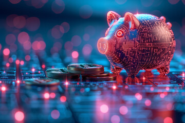 An electronic piggy bank with crypto money on blue background, techno currency investment and bitcoin trading, profit and wealth in new economy and cyber business, 3d render 