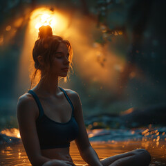 A beautiful woman in lotus pose in nature, practicing yoga meditation in a forest, mindfulness until spiritual awareness and nirvana inside mystical light effects