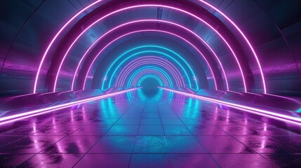 3d render of empty futuristic tunnel with neon light arches, purple and blue colors, glowing round lines on the floor, reflection, dark background