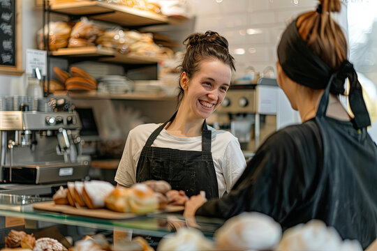 Candid shot of a smiling female baker and shop owner offering exemplary customer service while handing an order to a customer in her store