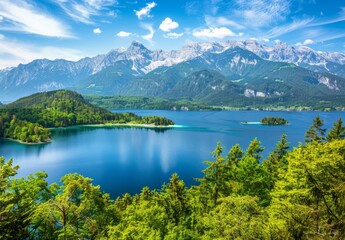 Naklejka premium A picturesque view of the Eibsee lake surrounded by lush green forests and majestic mountains in Switzerland, offering an idyllic escape for nature enthusiasts Generative AI