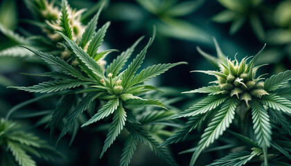Cannabis texture. Cannabis plants. Background of green marijuana inflorescences