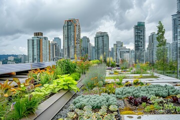 Fototapeta premium Innovative Green Rooftop with Solar Panels and Plants Overlooking Modern City Skyline