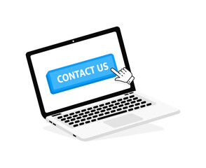 Contact us text on Laptop screen with a red button . Button with pointer clicking. Finger Pressing