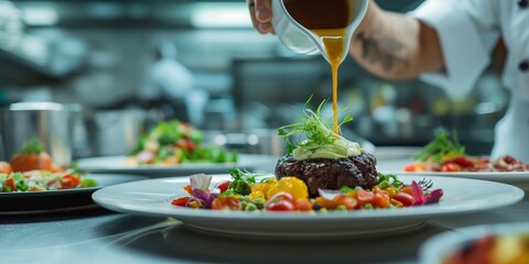 An expert chef in a professional kitchen adds the final touches to a beautifully plated gourmet dish with finesse
