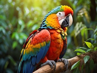 Fototapeta premium A Macaw parrot sitting on a branch in a tree with a green forest in the background