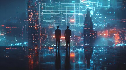 Two executives interpreting futuristic data visualizations
