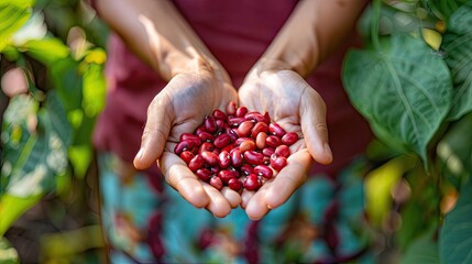 Harvest of beans in the hands of a woman in the garden. Selective focus.
