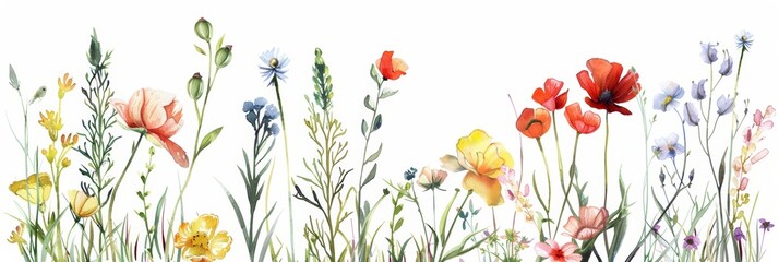 Whimsical Botanical Frame with Wild Flowers on White Background Generative AI