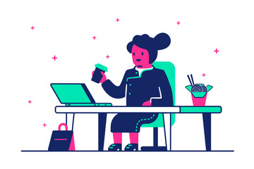 Woman eating delivery lunch fast food at work