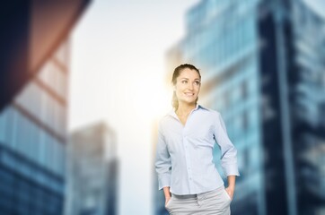 Young happy woman at business district
