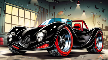 Naklejka premium Futuristic Concept Car Illustrated in Bold and Dynamic Cartoon Style with Sleek Lines and Vibrant Colors. High-Performance Concept Car Featuring Unique Design Elements in a Colorful Cartoon Illustrati