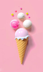 3D randing of  ice cream cone with a pink and white ball on top