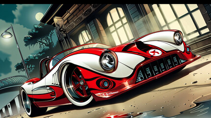 Fototapeta premium Futuristic Concept Car Illustrated in Bold and Dynamic Cartoon Style with Sleek Lines and Vibrant Colors. High-Performance Concept Car Featuring Unique Design Elements in a Colorful Cartoon Illustrati