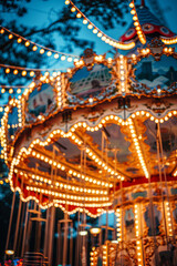 Vibrant lights of a funfair illuminating the background, contributing to the energetic and festive atmosphere of the carnival