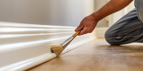 Close-up shot of a person's hand holding a paintbrush, painting a white baseboard with precise strokes