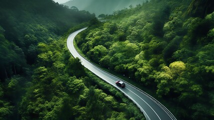 A lone car drives through a lush green forest on a winding road