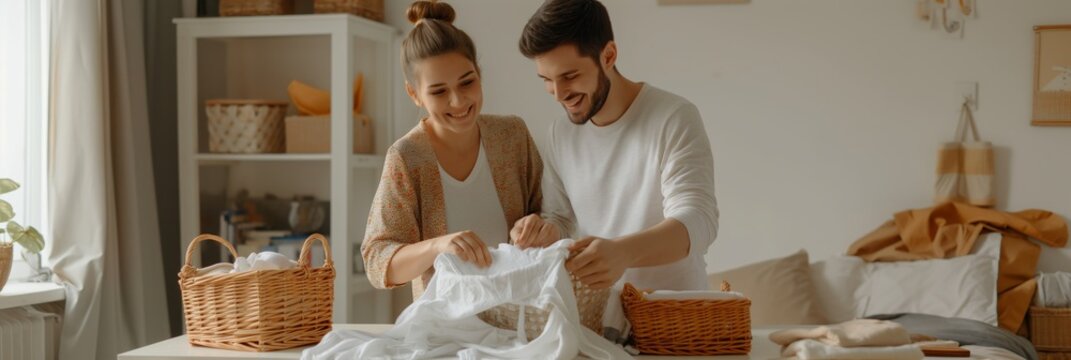 A smiling couple shares a domestic moment folding laundry together in a cozy, well-lit room - Powered by Adobe