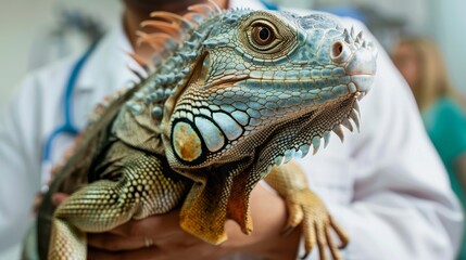 Fototapeta premium Veterinary Clinic Specializing in Exotic Pets with a Professional Vet Examining a Large Iguana