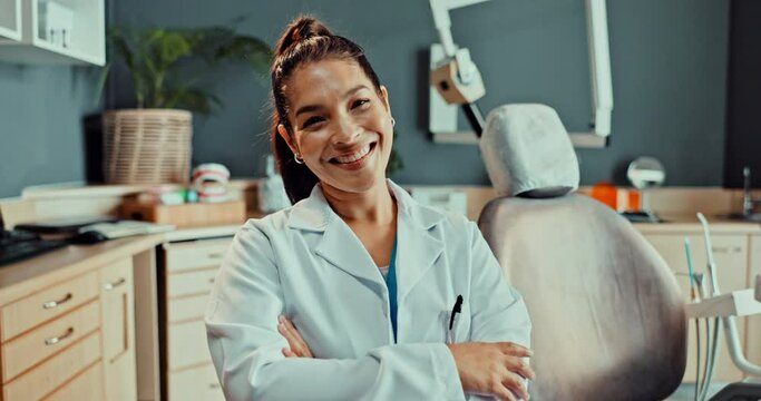 Dentist, smile and pride in office, portrait and worker in clinic, healthcare and dental health with oral hygiene. Hospital, confident and employee for service, wellness and consultation for teeth