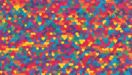 The image is a dark blue background with a pattern of multi-colored hearts of various sizes.

