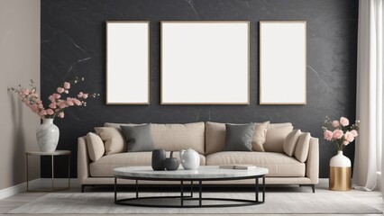 modern living room, beige sofa with marble coffee table and flower vase on Charcoal background