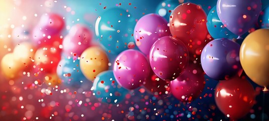 3D multi colored balloon vector illustration design with colorful confetti for party celebration