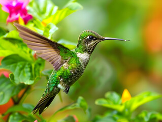 Vibrant Hummingbird in Mid-Flight Against Lush Green Backdrop with Blossoms Iridescent Feathers, Bokeh Effect, Bright Pink and Yellow Flowers, Nature Wildlife